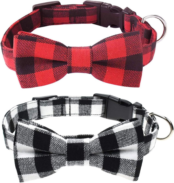 2 Pack Christmas Dog Collar with Bow Tie, Classic Plaid Pattern Dog Collar with Light Adjustable Buckle Red Dog Collar for Small Medium Large Dogs Cats Pets (Red + Black, Large)