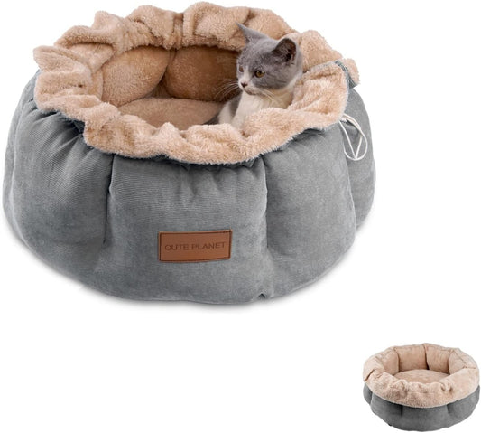 Warming Cat Bed for Indoor Cats Fluffy Cuddle Kitten Beds anti Anxiety Small Cat Bed Machine Washable (Medium, Grey)